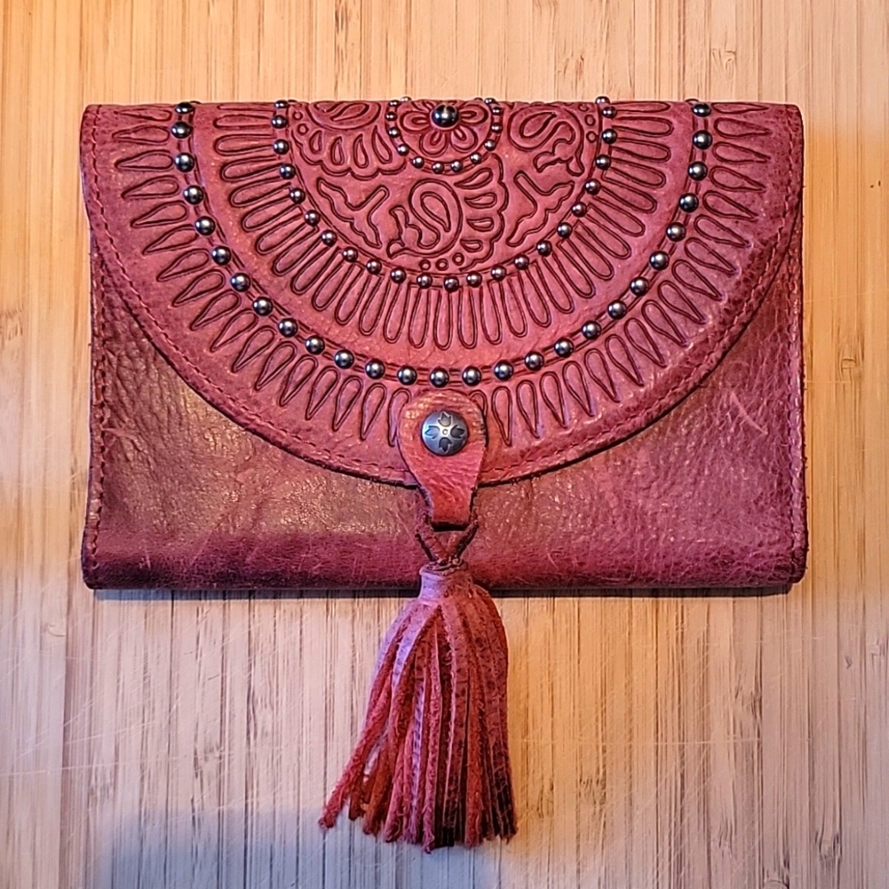 Patricia Nash Clutch NWOT, burgundy leather tooled with Studs